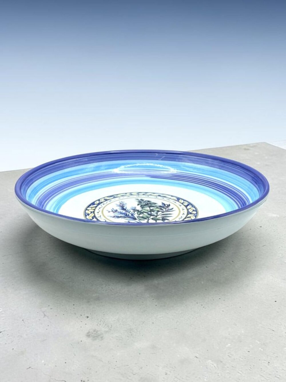 Vintage TRE CI Italy Hand Painted Blue Botanical Ceramic Pasta Serving Bowl 13”